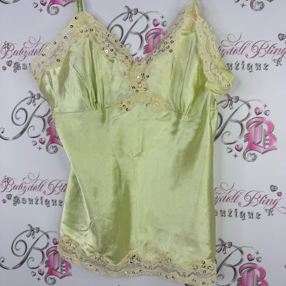 Seduction tank top silky satiny lime green pastel with beige gold sequin lace - Picture 6 of 7